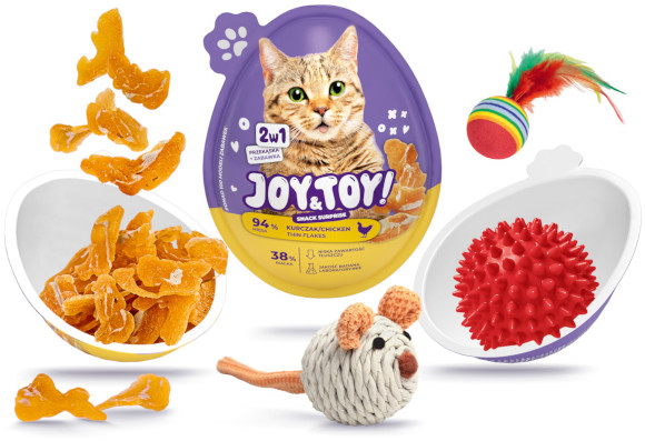 JOY AND TOY JAJKO Z NIESPODZIANKĄ - PRZEKĄSKA O SMAKU KURCZAKA 20g + ZABAWKA DLA KOTA